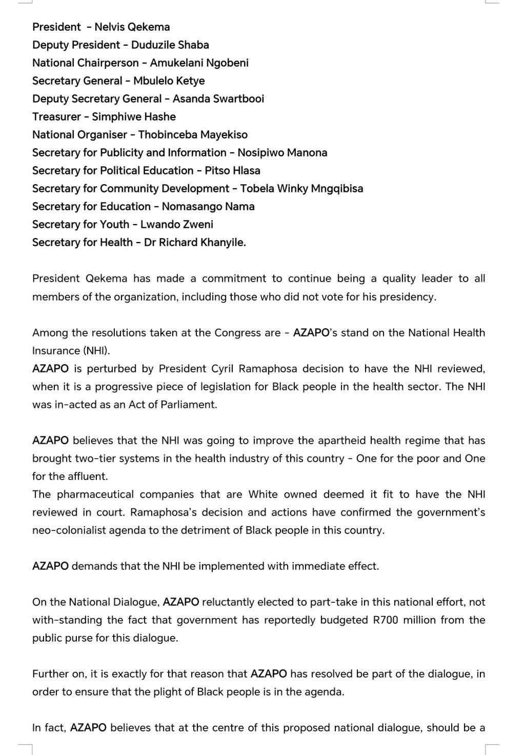 AZAPO Statement on her New Leadership, as elected at the 27th Biennial ...